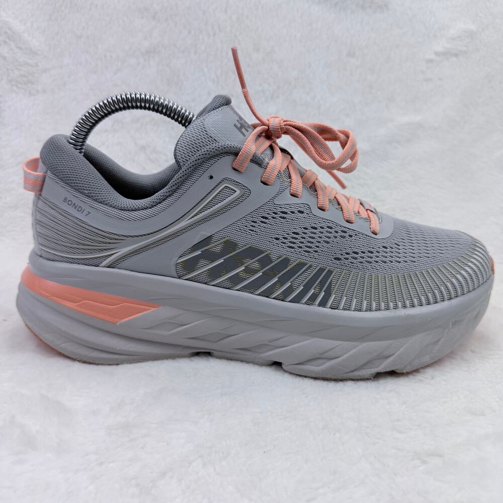 HOKA Bondi 7 Womens Running Shoes Harbor Mist Coral Size 7.5 Sneakers Athletic